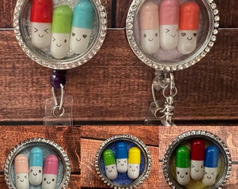 Customizable Happy Pill pharmacy retractable badge reel, pharmacist badge reel, pharmacy technician badge reel, nurse badge reel with charm