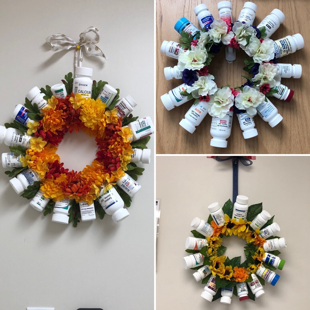 Custom Pharmacy Pill Bottle Flower Wreaths. Unique Decor for Pharmacies
