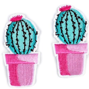 Könnte beinhalten: Zwei gestickte Bügelbilder mit einem Kaktus in einem rosafarbenen Topf. Der Kaktus ist grün mit braunen Stacheln und einer rosa Blüte oben.