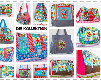 Könnte beinhalten: Eine Sammlung von bunten Patchwork-Taschen und -Tüten mit verschiedenen Designs, darunter Blumenmuster, geometrische Formen und Tiermotive. Die Taschen sind aus Stoff und haben unterschiedliche Größen und Stile. Der Text "Die Kollektion" ist auf dem Bild zu sehen.