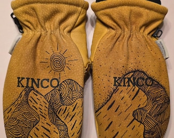 Custom Kinco Ski Mitt Gloves.  Hand Drawn Mountain Sun Design