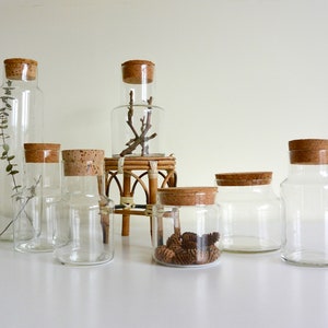 Various Sized Glass Apothecary Jars with Cork Tops / Bohemian / Boho Decor /Earthy /Storage Solutions /House Warming Gift /Kitchen /Bathroom