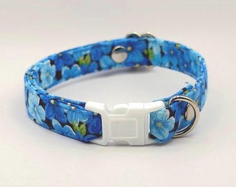 Blue Floral Breakaway Cat Collar: Adjustable Cotton Pet Accessory (Optional Bell)