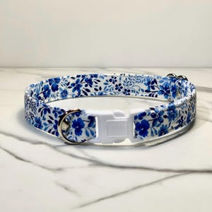 The Blue Blooms ~  breakaway buckle cat collar standard size adjustable quick release buckle cat collar tiny blue floral pattern