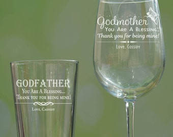 Godparent Wine Glass Gift Set of 2 Godparent Gift, Godparent Favors, Godmother and Godfather Glasses, Godmother Wine Glass, Godfather Glass