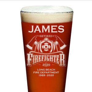 Personalized Laser Engraved Firefighter Retirment Pint Glass | Fireman Graduation Gift | Firefighter Engraved Glass | Fireman Pint Glass
