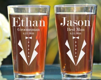 Set of 4 Groomsmen Pint Glasses, Personalized Pint Glasses, Wedding Party Pint Glasses, Custom Pint Glass, Beer Pint Glasses, 16oz Glass