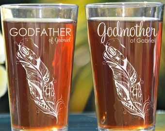 Godfather Godmother Gift, Baptism Gift for Godparents, Will You Be My Godparents, Christening Gift, Cross, Feather Glasses, Godfather Glass