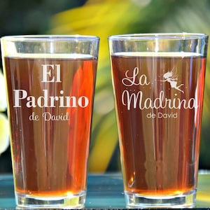 Padrino, Madrina, El Padrino, Godfather Godmother Gift, Baptism Gift for Godparents, Christening Gift, Fairy Godmother, Godfather Beer Glass image 1