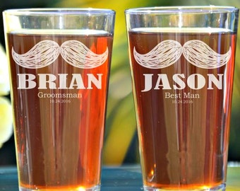 Mustache Glasses, Groomsmen Pint Glass, Personalized Pint Glasses, Wedding Party Pint Glasses, Stache, Groomsmen Gift Ideas, Pint Glass