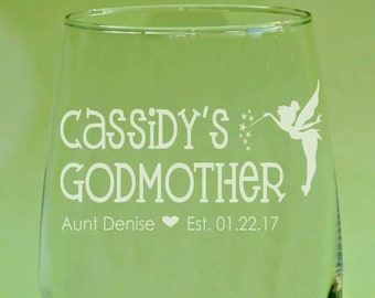 Custom Godparent Gift, Personalized Godmother Gift, Custom Godmother Gift, Godmother and Godfather Glasses, Godmother Wine Glass, Fairy Wand