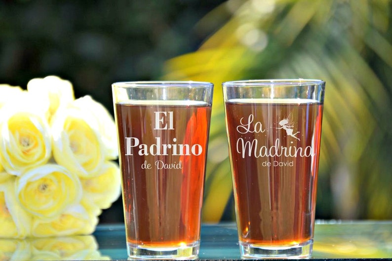 Padrino, Madrina, El Padrino, Godfather Godmother Gift, Baptism Gift for Godparents, Christening Gift, Fairy Godmother, Godfather Beer Glass image 1