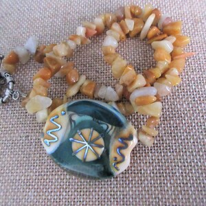 Orange Carnelian Chip Necklace,Brown Green Focal Necklace,Orange Western Necklace, Green Brown Lampwork Pendant,Handmade Lampwork Focal Bead