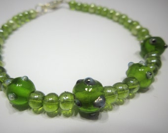 Lampwork Beaded Bracelet~Green Lampwork Bracelet~Fancy Lampwork Bracelet~Grass Green Bracelet~Bottle Green Bracelet~Green Pearl Bracelet~