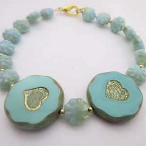 Green Czech Glass Heart Bracelet~Turquoise Coin Heart Bracelet~Pressed Glass Flowers Bracelet~Turquoise Mint Bracelet~ Green  Flower Wrap~