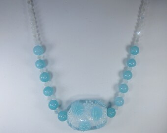 Aqua Lampwork Bead Necklace: Turquoise Artisan Glass Pendant, Crystal Choker
