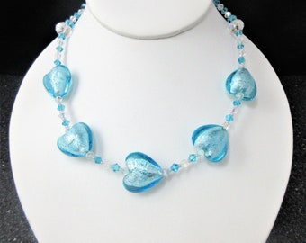 Aqua Silver Heart Necklace, Blue Venetian Heart Choker, Teal Murano Lampwork Foil Beads