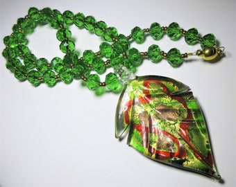 Green Murano Leaf Necklace~Foil Art Glass Necklace~Venetian Green Necklace~Murano Choker~Murano Teardrop Necklace~Green Gold Murano