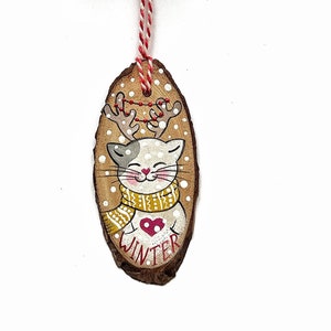 Christmas wooden slice stocking ornament hand-painted with cat and bunny
