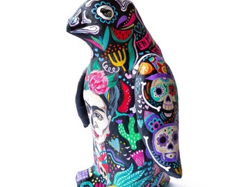 OOAK Hand-Painted Papier Mache Penguin, Mexican Folk Art Figurine, Colorful Day of the Dead Collectible Sculpture