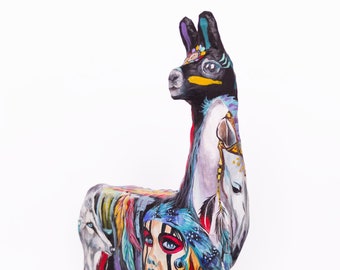 OOAK Interior sculpture Llama, Hand-Painted Papier Mâché Art Sculpture in Authentic Indian Style