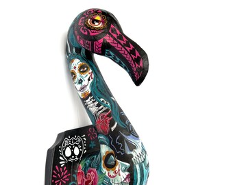 OOAK Flamingo Head Wall Art - Gothic Alebrije Style - Hand-Painted Papier-Mache Collectible - Calavera decor