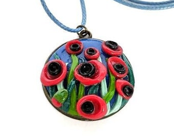 Polymer clay pendant Red poppies - polymer clay jewelry