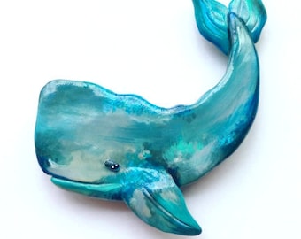 Whale of a brooch made of polymer clay, hand-molded with hand-painted elements