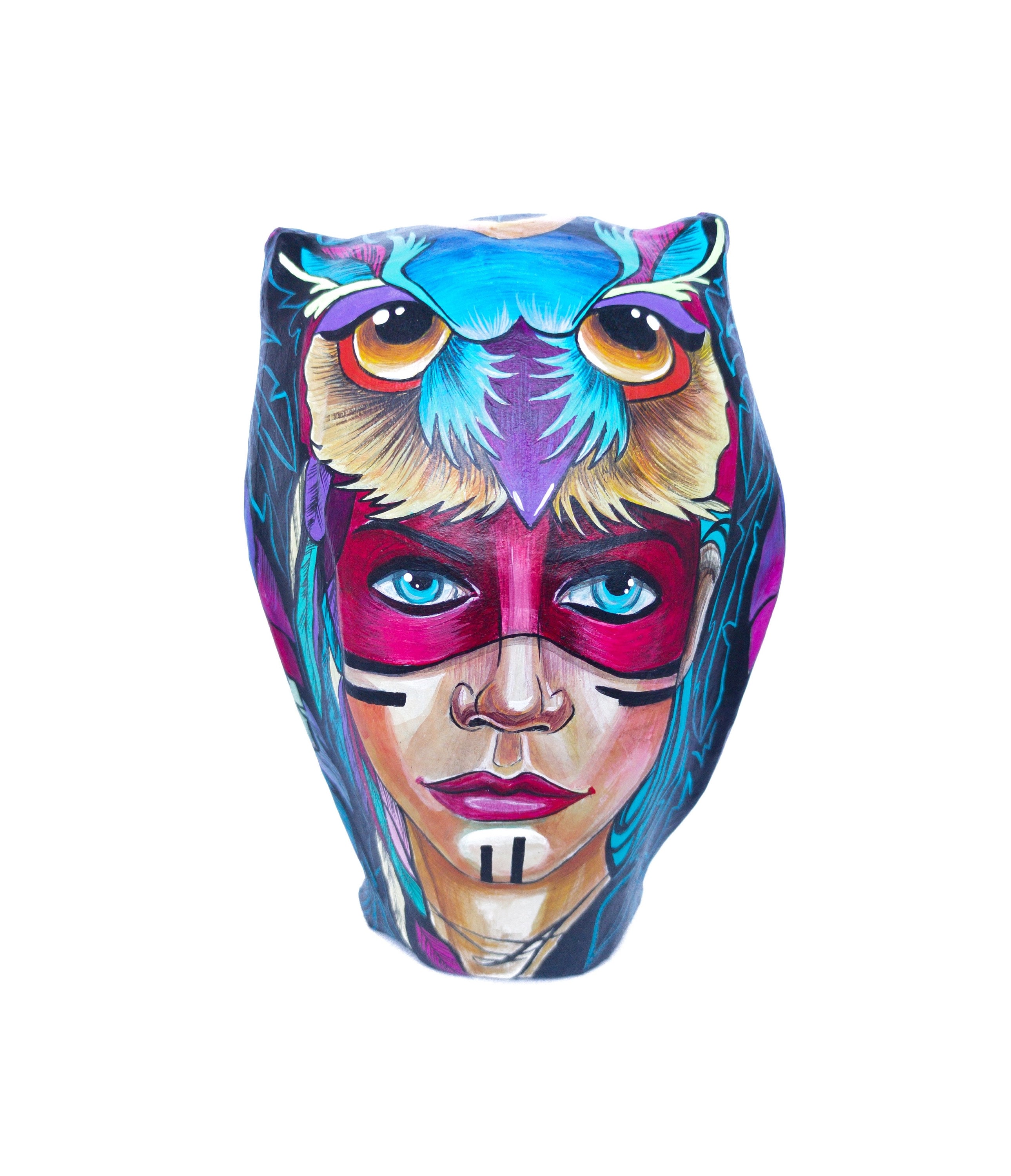 Ethnic Owl Figurine-Ethnic Art Paper Mache Sculpture, Hand-Painted Totem Bird Decor, OOAK Collectibl