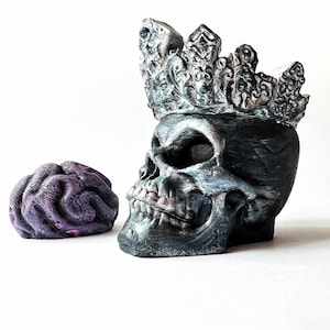 Puede incluir: Un cráneo negro y plateado con una corona plateada en la parte superior. El cráneo mira hacia la derecha. Un cerebro morado está sentado a la izquierda del cráneo.