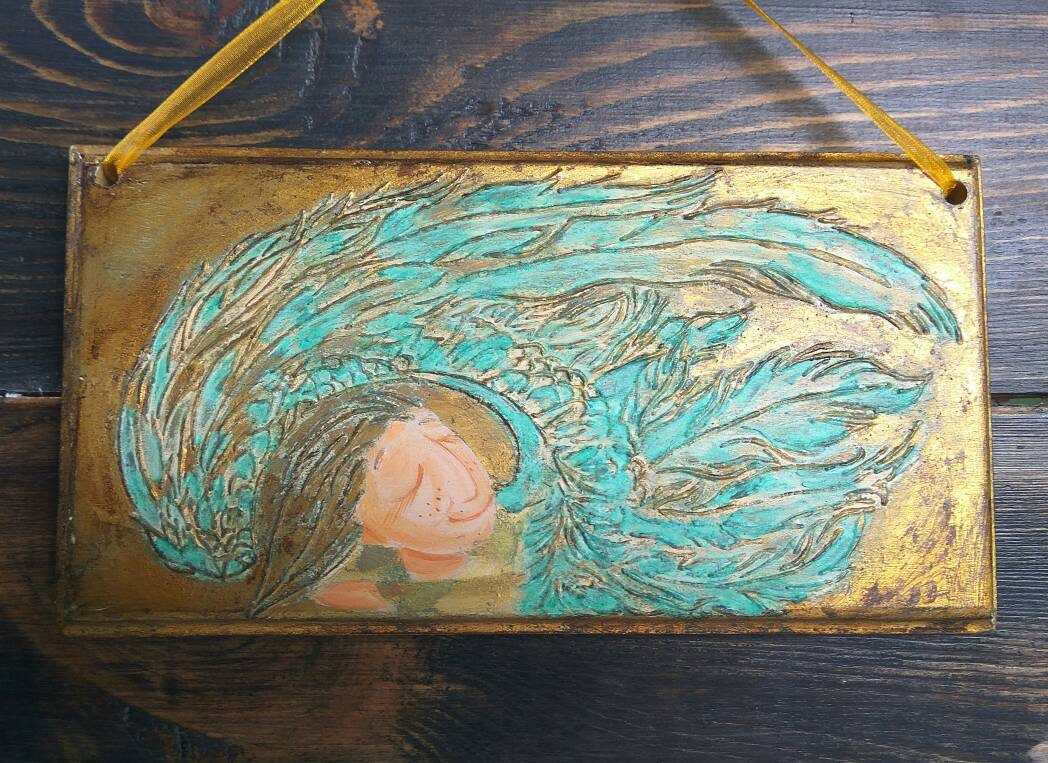 Wall art Painted wall decor Golden Angel WingWood wall Etsy