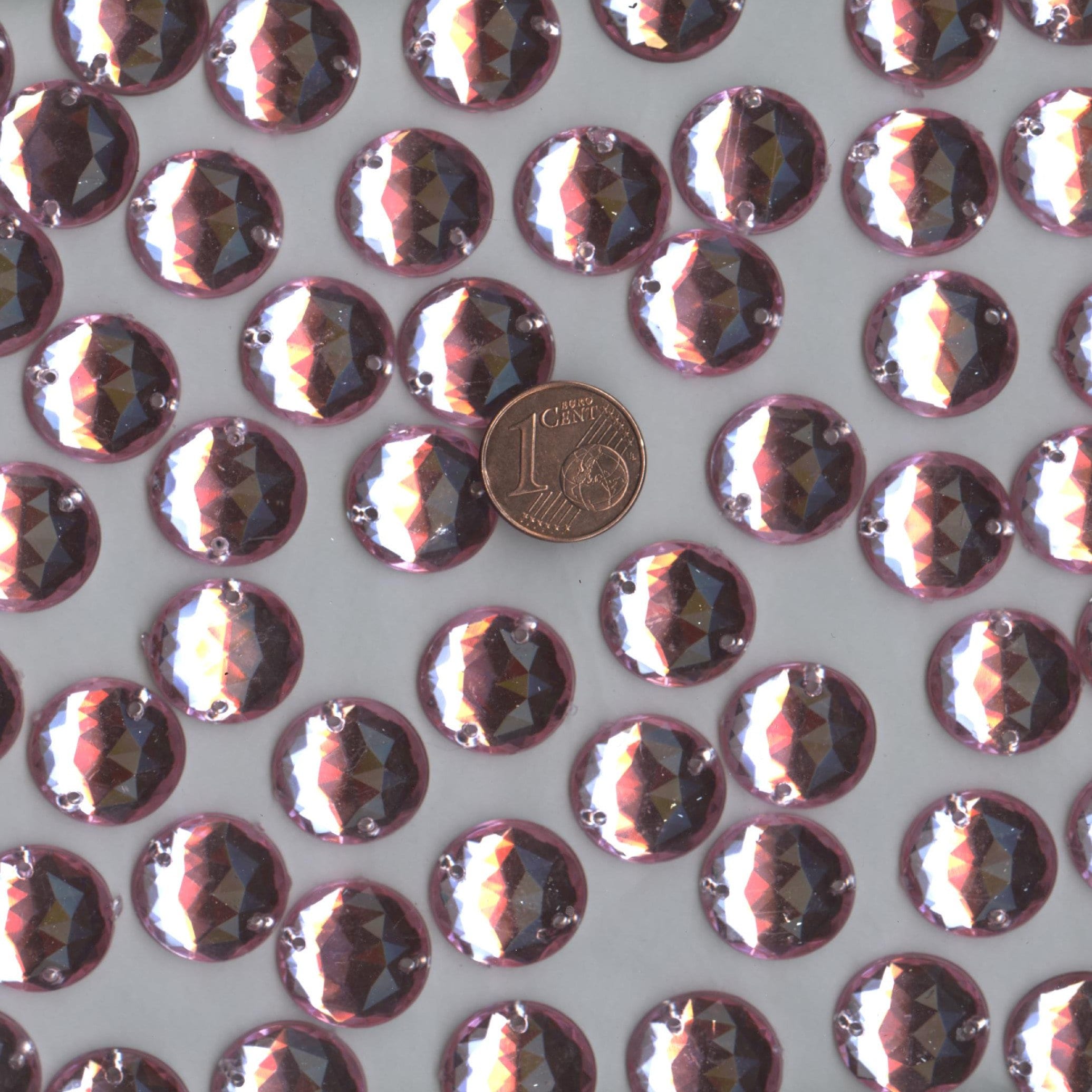 40 Pierres à Coudre Acryliques à Facettes - Rondes 15mm, Couleur Rose Pâle - Pour Création Bijoux - Neuf - PC18