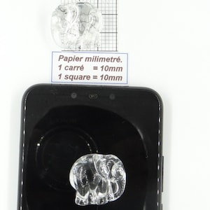 Puede incluir: Se muestran dos cuentas de vidrio transparente con forma de elefante. Una está colocada encima de un teléfono inteligente y la otra descansa sobre la pantalla del teléfono. La imagen incluye una regla y el texto "Papier millimétré. 1 carré = 10mm 1 square = 10mm."