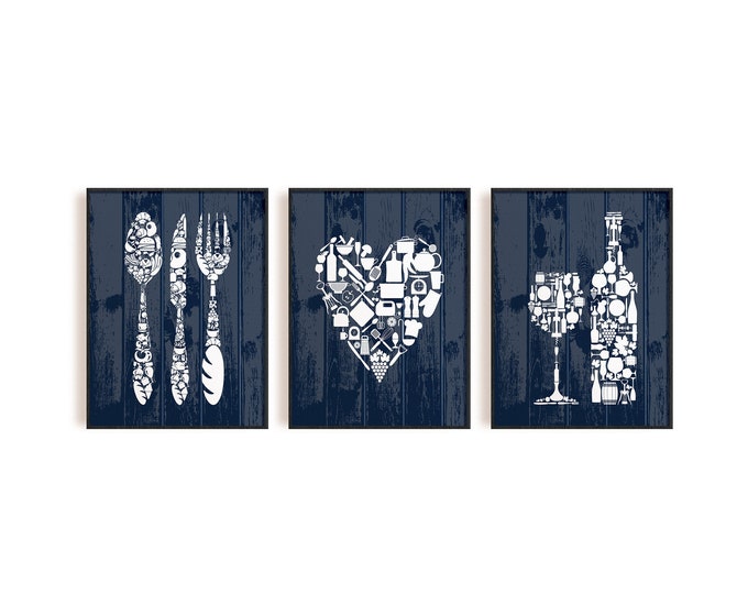 Blue Kitchen Wall Art Set of 3 Prints Kitchen Decor Blue Etsy