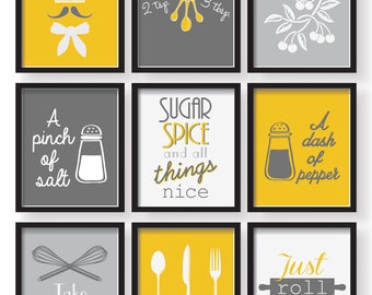 Gray Mustard Yellow Kitchen Decor Poster Set, Set of 9 prints, Kitchen wall art, Kitchen decor, Kitchen prints, yellow dining room decor