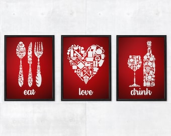 eat drink love red kitchen decor red kitchen wall art red kitchen art red kitchen poster red kitchen poster set of 3 prints red white - Red Kitchen Decor eat drink love red kitchen decor red kitchen wall art red kitchen art red kitchen poster red kitchen poster set of 3 prints red white - Red Kitchen Decor