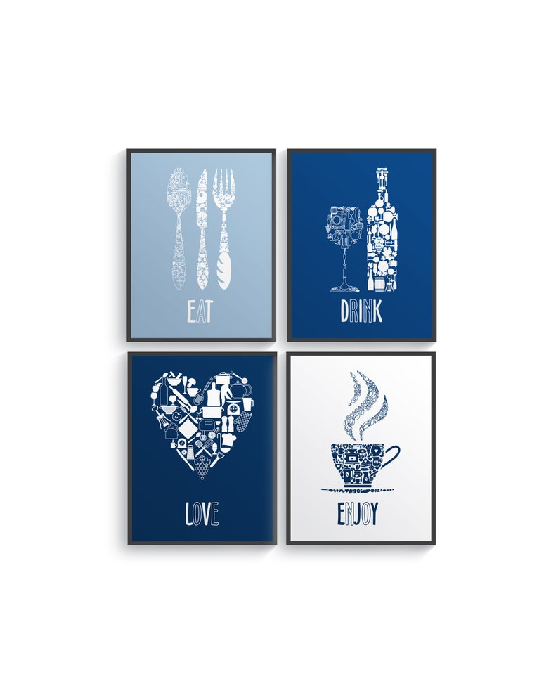 White Blue Kitchen Wall Decor Blue Kitchen Wall Art Kitchen Etsy