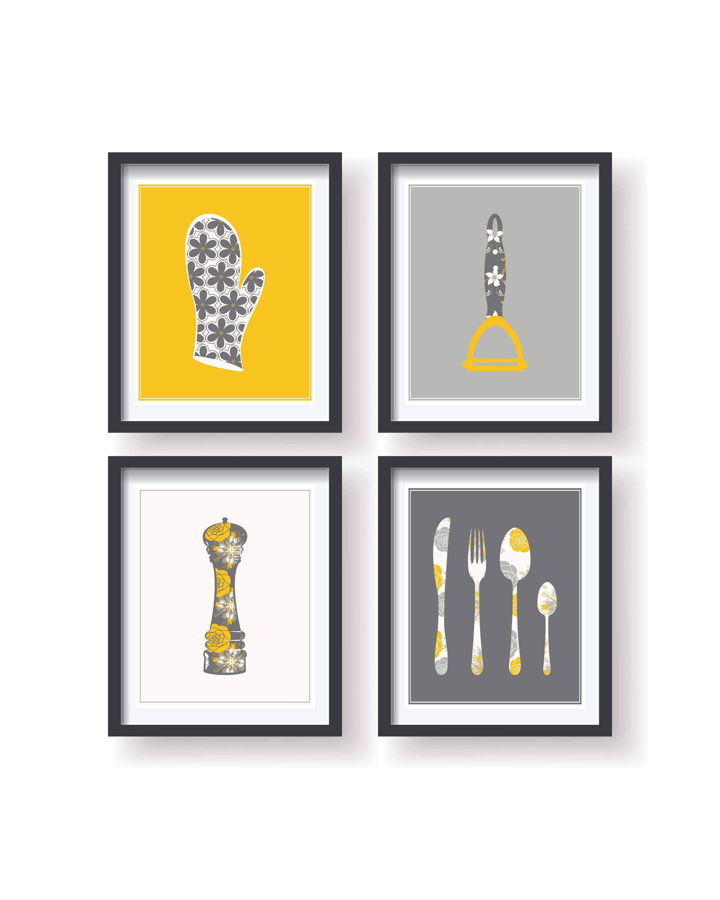 Yellow Grey White Lovely Kitchen Decor Kitchen Wall Art Set Etsy