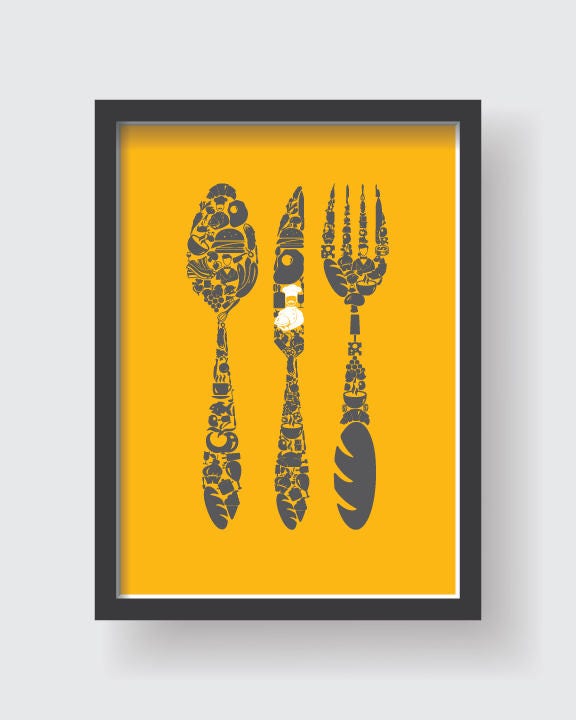 Mustard Yellow Gray Kitchen Wall Decor Set Yellow Kitchen Etsy