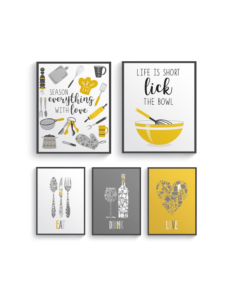 Modern Mustard Yellow Gray Kitchen Wall Decor Yellow Kitchen Etsy