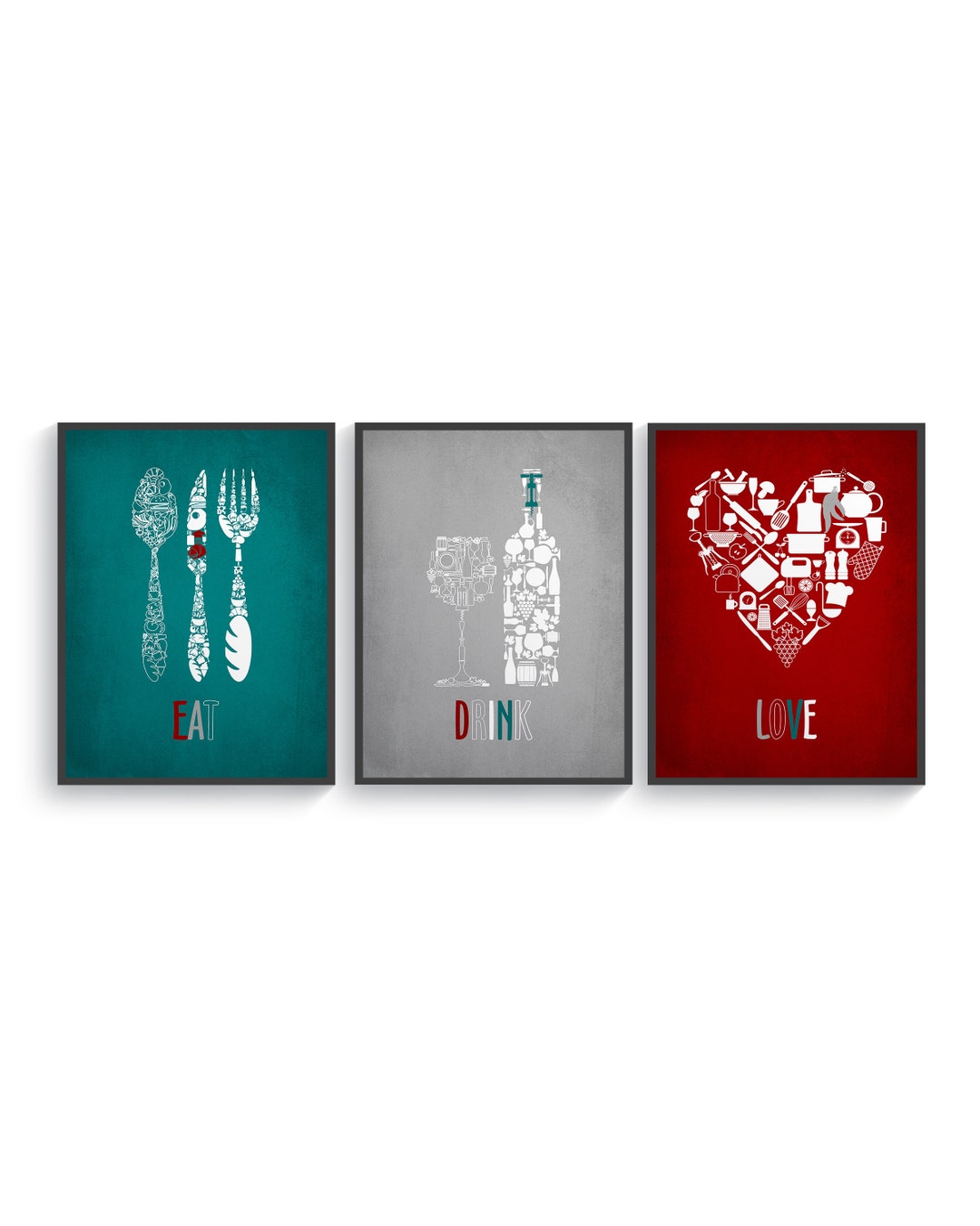 Red Kitchen Wall Art Set of 3 Prints Kitchen Decor Teal Etsy