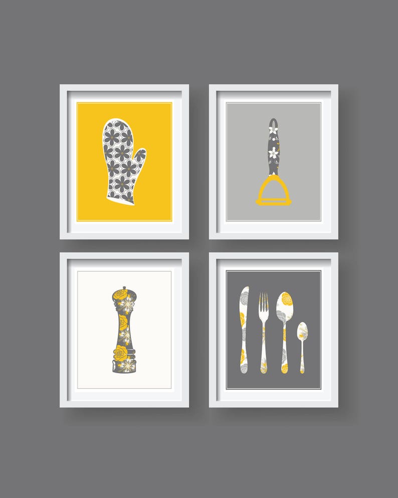 Yellow Grey White Lovely Kitchen Decor Kitchen Wall Art Set Etsy