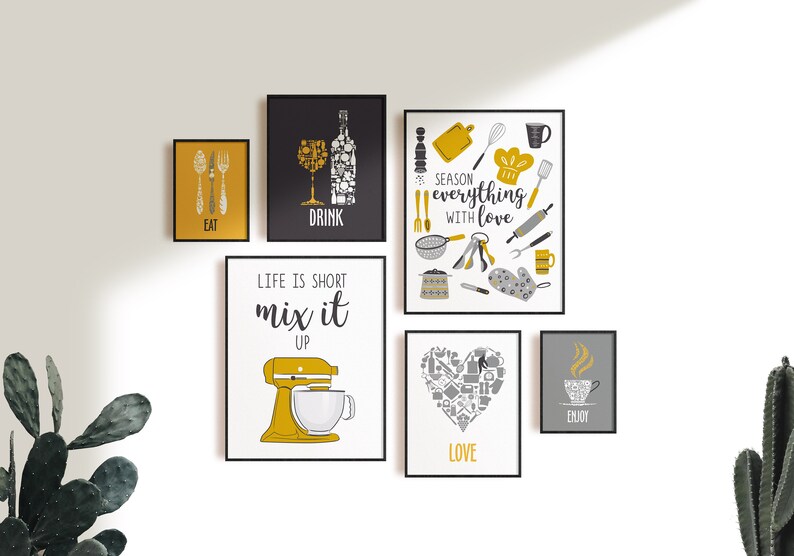 Yellow Brown Gray Kitchen Wall Art Brown Kitchen Prints Etsy