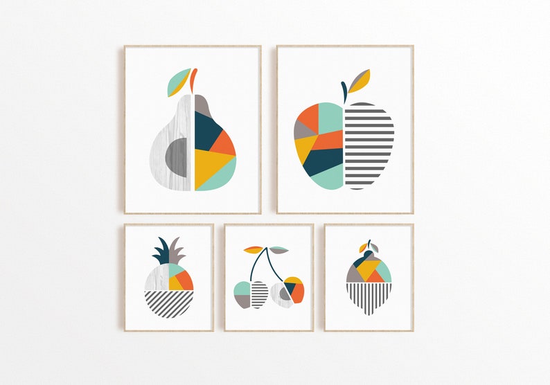 Modern Geometric Fruit Kitchen Print Set Modern Geometric Etsy