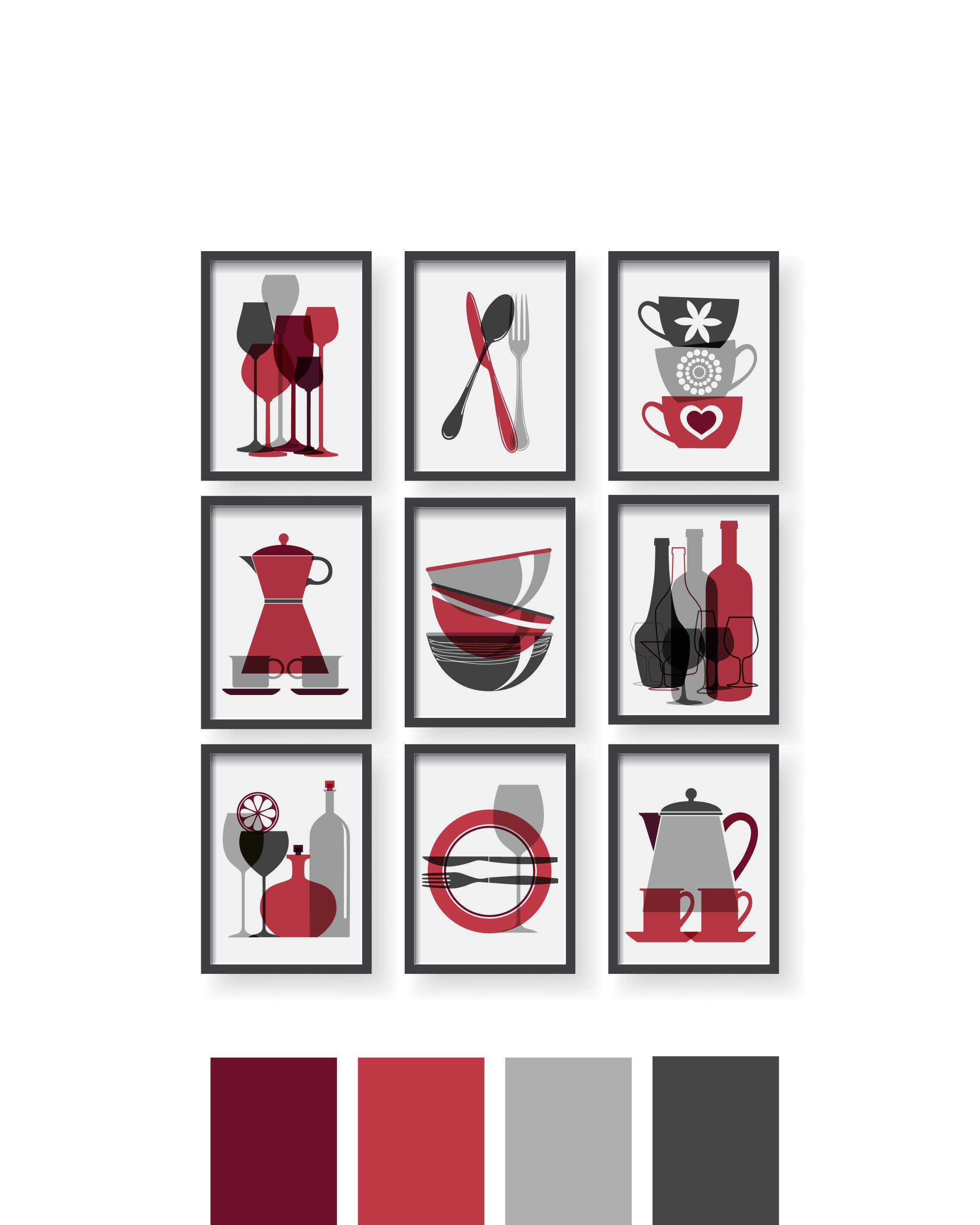 Gray Red Modern Kitchen Prints Set Red Kitchen decor Gray Etsy