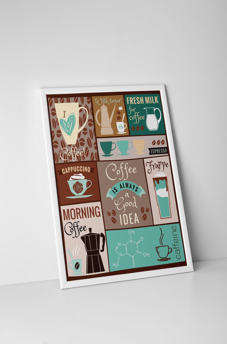 Brown Turquoise Kitchen Coffee Poster Coffee Kitchen Decor Etsy