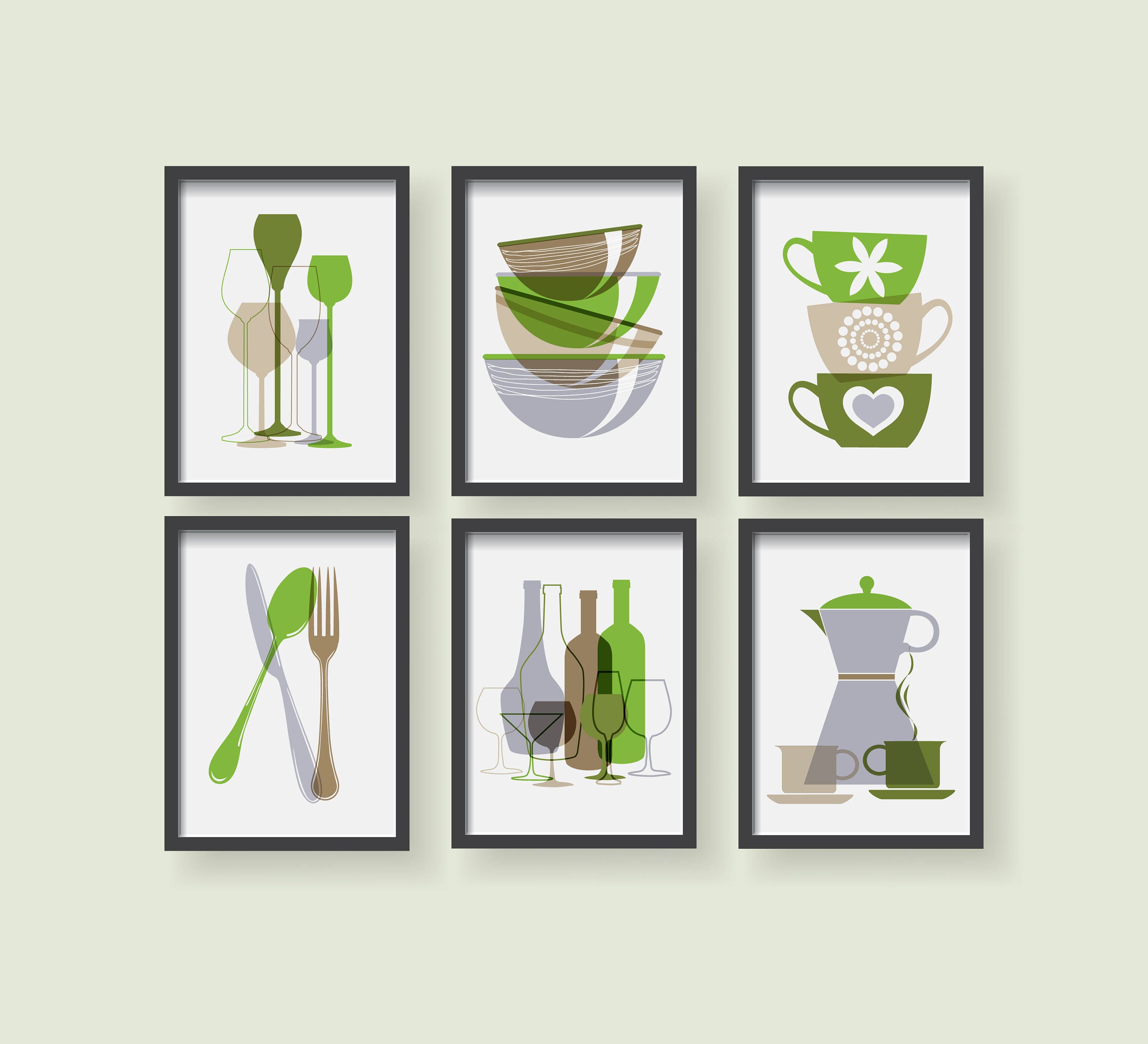 Green Kitchen wall art Dining room art Set of 6 prints Etsy