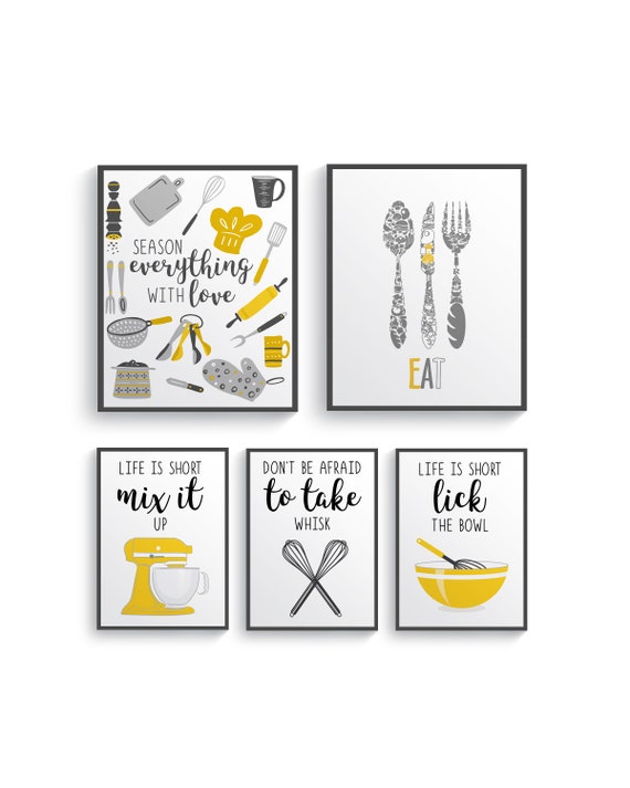 Drôle Moutarde Jaune Gris Cuisine Décoration Murale Art Mural Cuisine Jaune Affiches Estampes De Cuisine Décoration Moderne Décor De Salle à