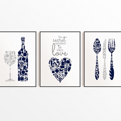 Kitchen Wall Art Set of 3 Dining Room Wall Decor Kitchen Etsy