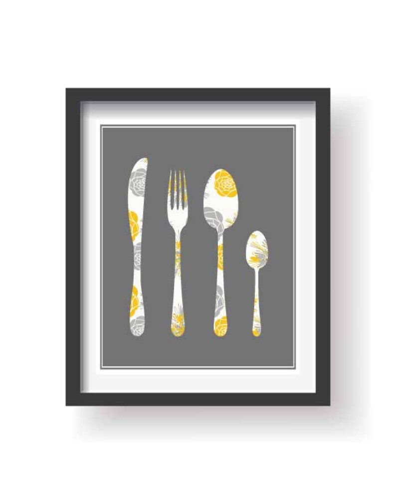 Yellow Grey White Lovely Kitchen Decor Kitchen Wall Art Set Etsy
